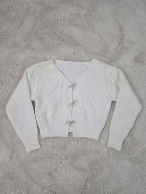 White Knit Cardigan with Bow Clasps